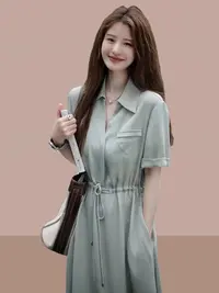 0020时尚新款夏季衬衫短袖连衣裙甜美修身