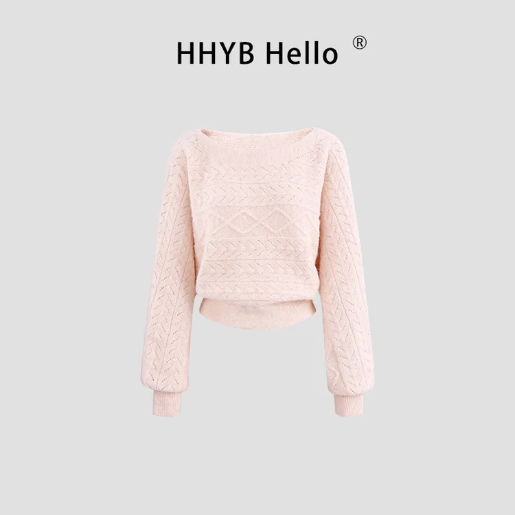 HHYB Hello韩系蝙蝠袖长袖针织上衣2025秋冬短款百搭毛衣女M1625
