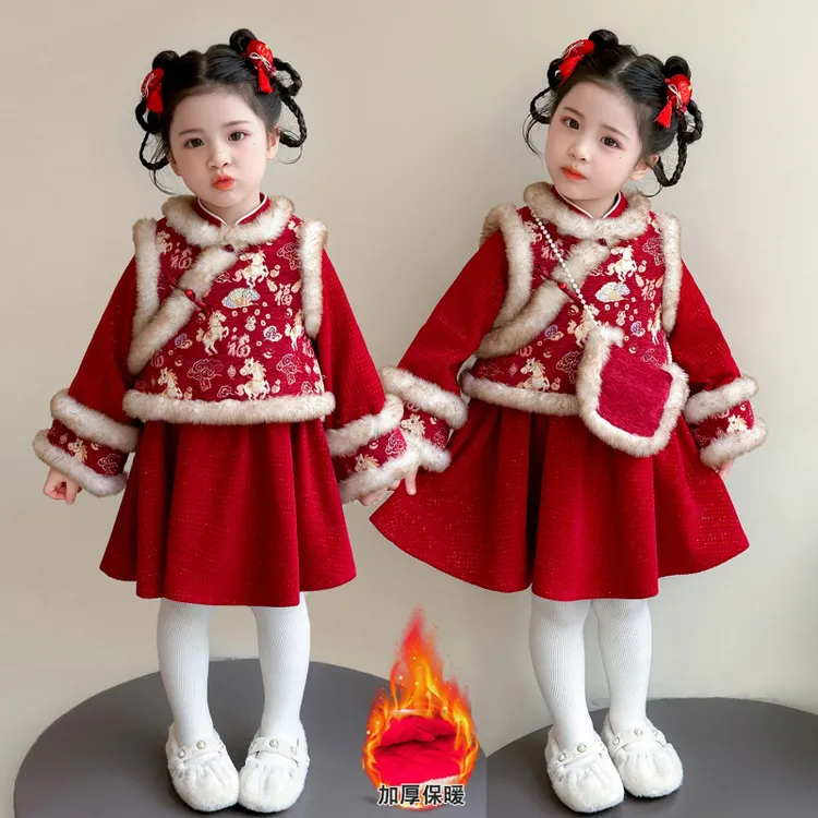 女童新年拜年服冬季女宝宝加绒唐装儿童冬装中国风汉服连衣裙套装