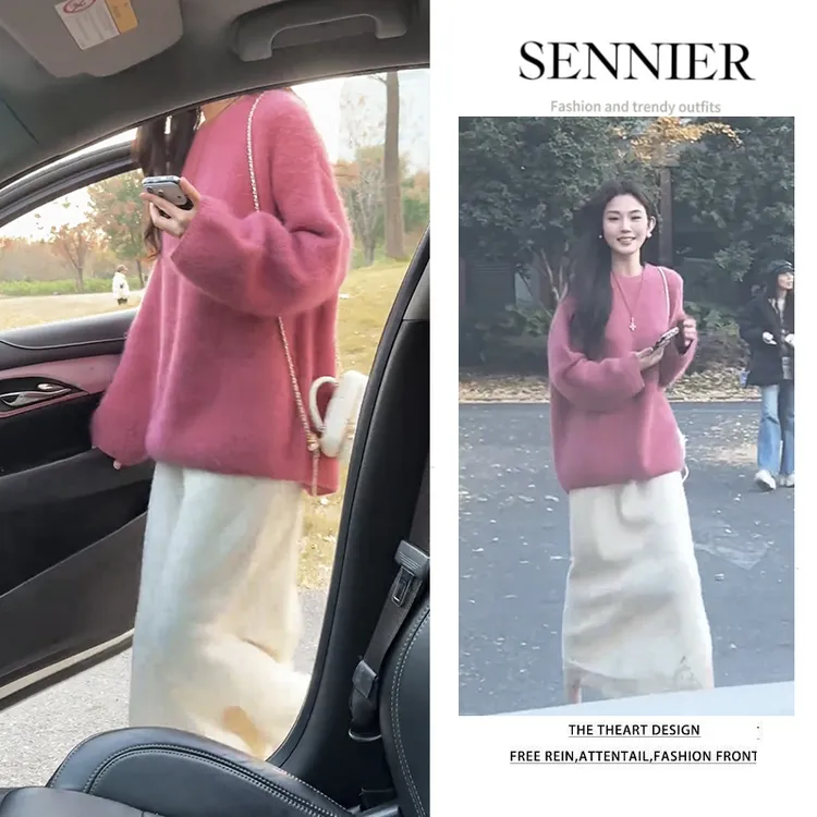 秋季温柔系穿搭女2025新款慵懒减龄套头针织毛衣气质半身裙两件套