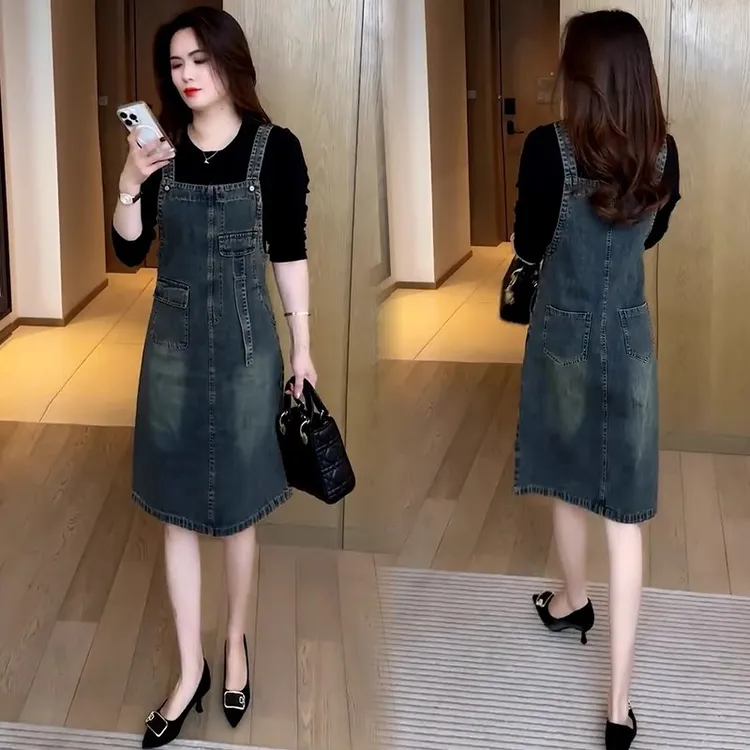 时尚牛仔连衣裙女2025春秋新款洋气显瘦假两件拼接中长款背带裙子
