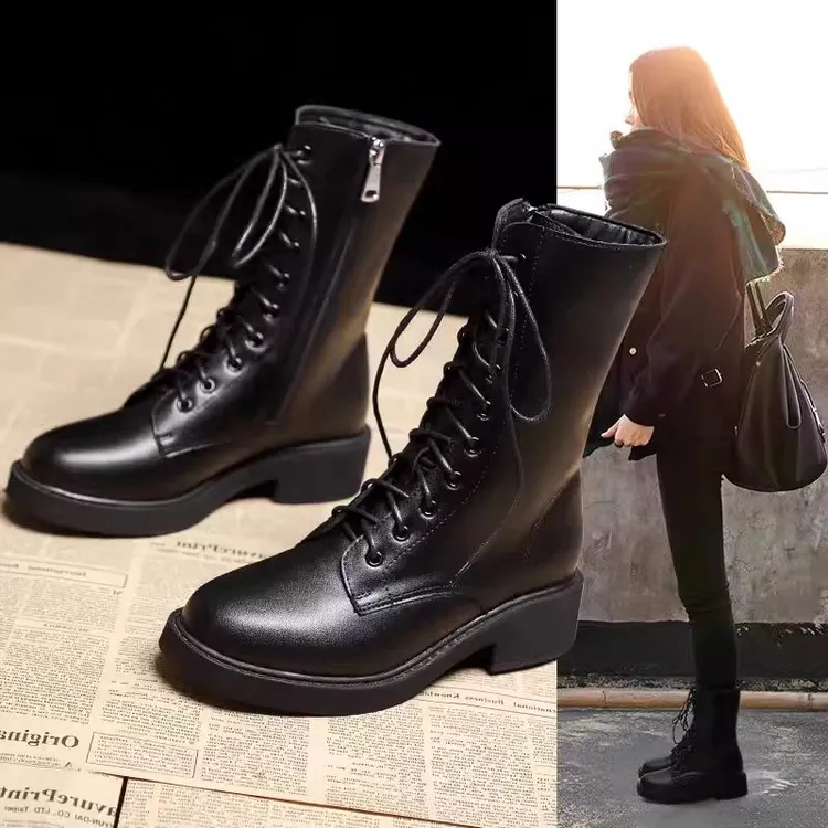 厚底马丁靴女2025年新款英伦风短靴秋冬季加绒黑色中筒侧拉链单靴