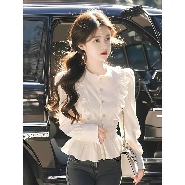 2025秋季新款荷叶边长袖衬衫女设计感白色时尚修身显瘦衬衣上衣