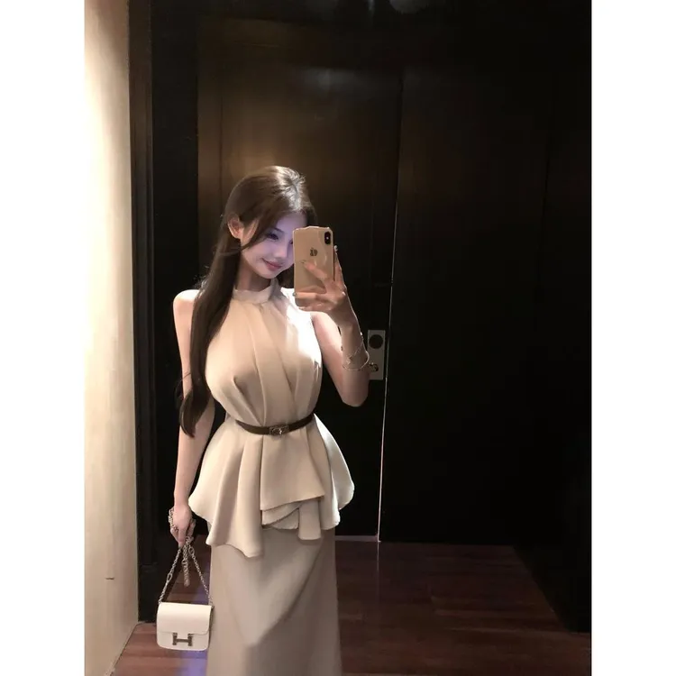 法式名媛风套装女高级感无袖挂脖气质缎面上衣高级感半身裙两件套