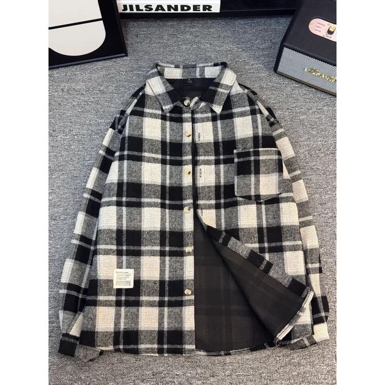 美式休闲格子长袖毛呢衬衫男士复古宽松百搭衬衣韩版情侣加厚外套