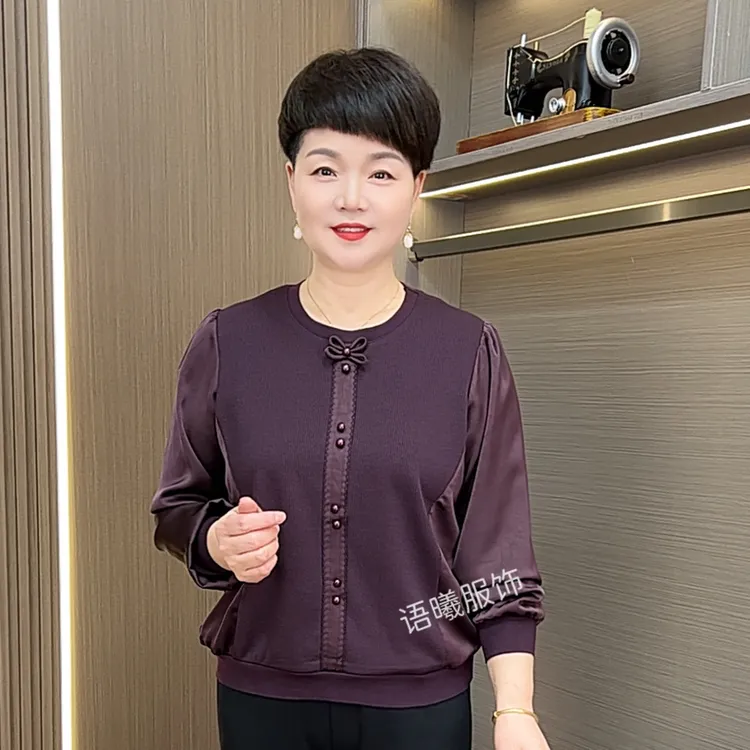 圆领常规时尚长袖宽松中老年女装上衣短款女装小衫F24810
