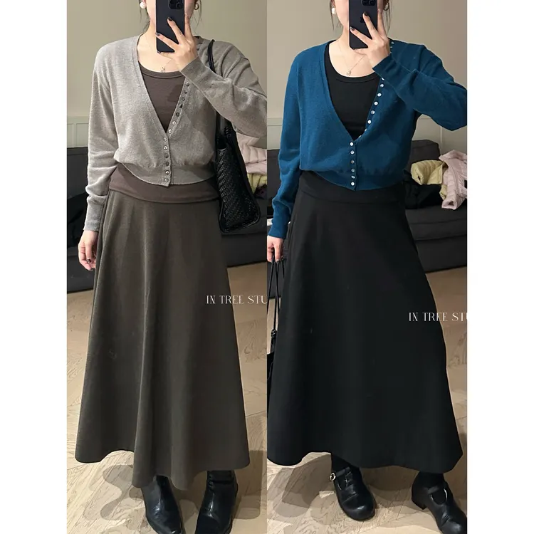 InTree张桶桶【智性美人】后松紧腰加厚磨毛长款伞裙ST21703