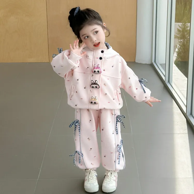 女童拉布布相拼格子蝴蝶结套装秋季新款洋气时尚卡通卫衣两件套潮
