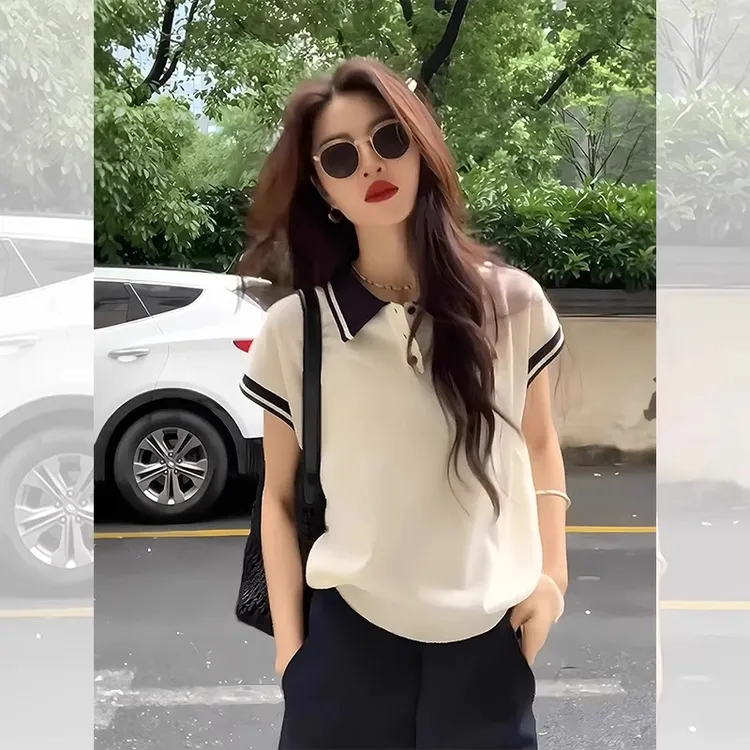 小个子白色polo领针织冰丝飞飞袖短款上衣巨好看正肩短袖t恤女夏