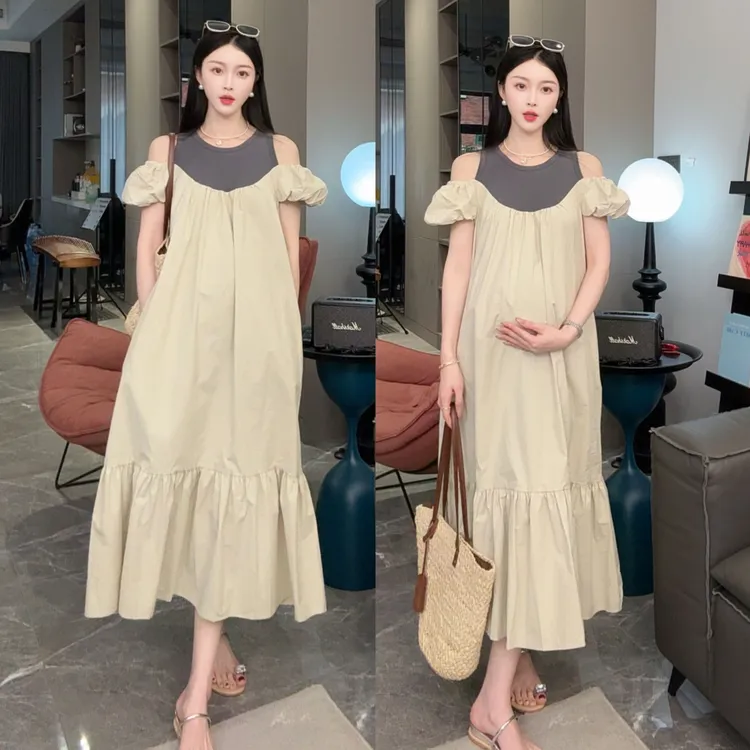 时尚拼接宽松显瘦遮肚孕妇装夏季新款露肩裙子女夏新款孕妇连衣裙