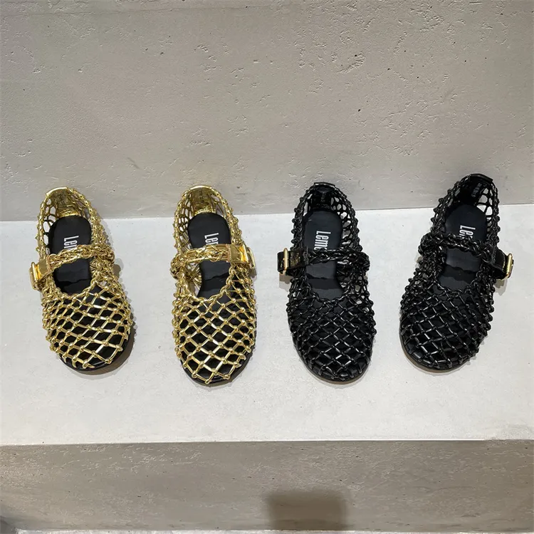 欧洲站真皮女鞋2025夏新款乐魔圆头休闲编织渔网透气平底单鞋凉鞋