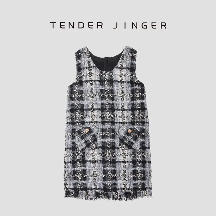 Tender Jinger ｜流苏羊毛混纺格子背心裙T53YLL50127