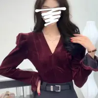 欧货泡泡袖v领长袖t恤女秋季2025新款内搭打底衫修身显瘦洋气上衣