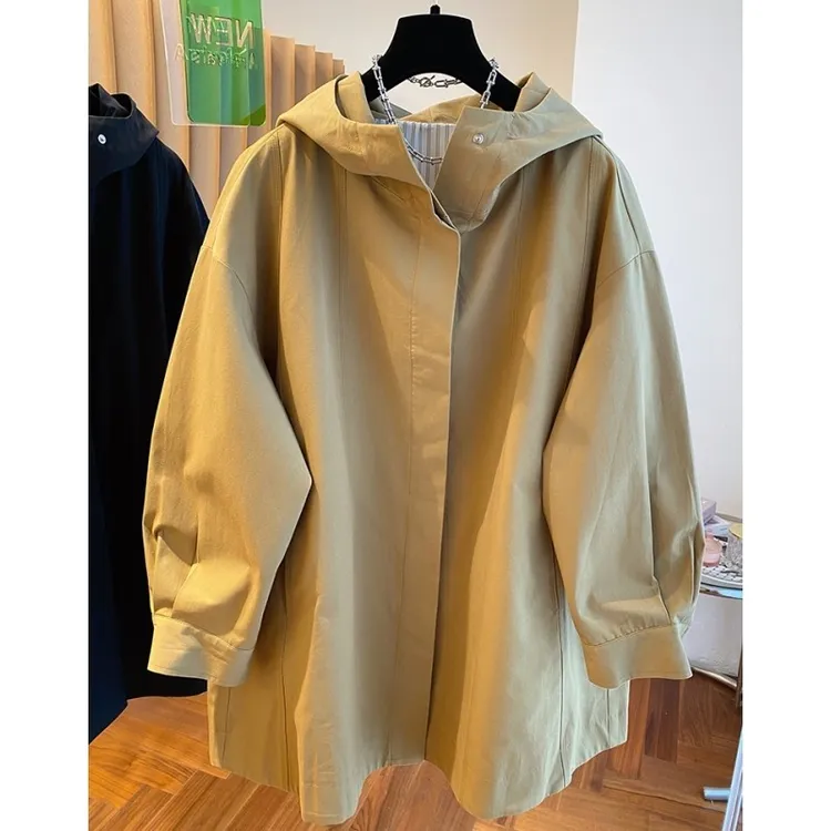 韩国高级感中长款连帽风衣外套女春季2025新款宽松休闲老钱风大衣