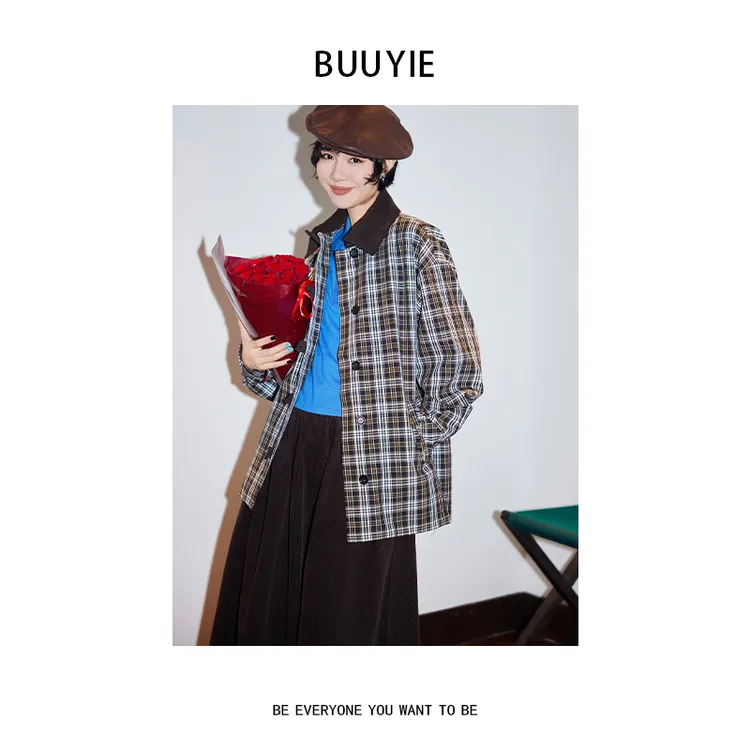 BUUYIE 25SS【烟雨江南】小众设计定制款洋气咖格外套 250858
