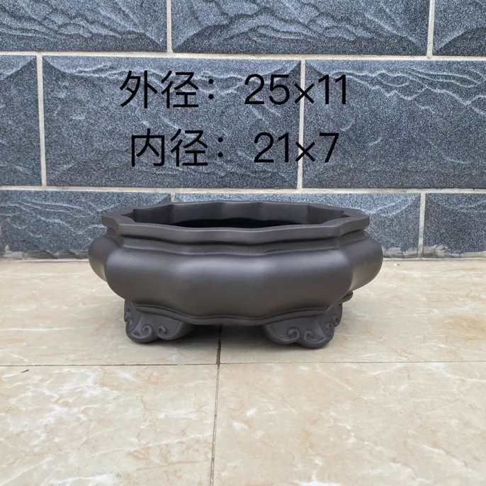 宜兴紫砂花盆黑泥蒲包口筋纹如意脚手工制作