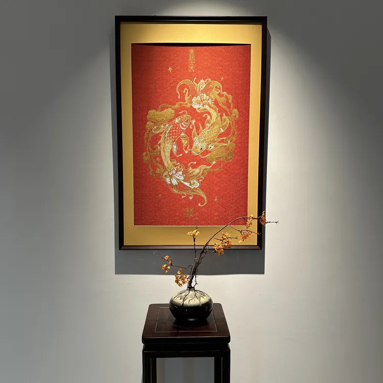 【玄一】-新中式刺绣画（鱼跃云天）玄关画装饰画茶室挂画