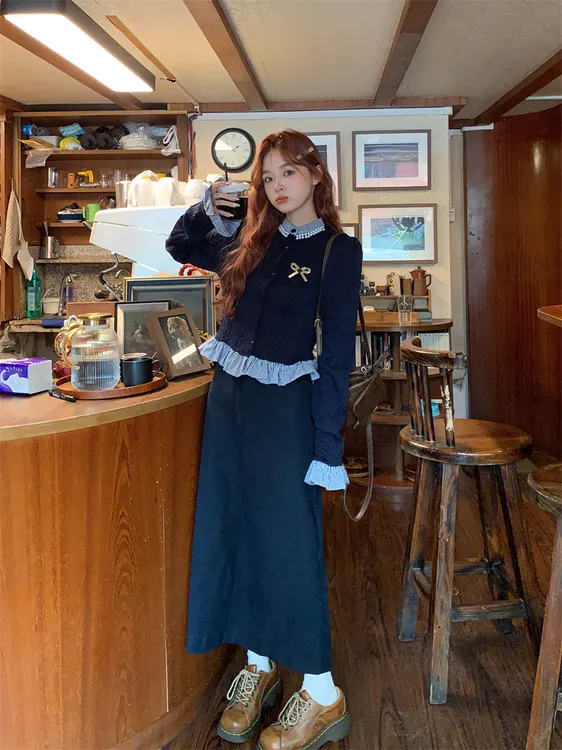 假两件拼接长袖设计款针织衫女+显瘦开叉长款半身裙套装025早秋