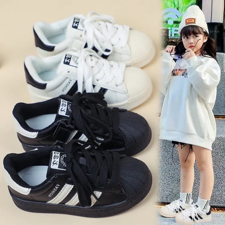 2025春季新款男童鞋子贝壳头女童韩版小白鞋中大童鞋儿童真皮板鞋