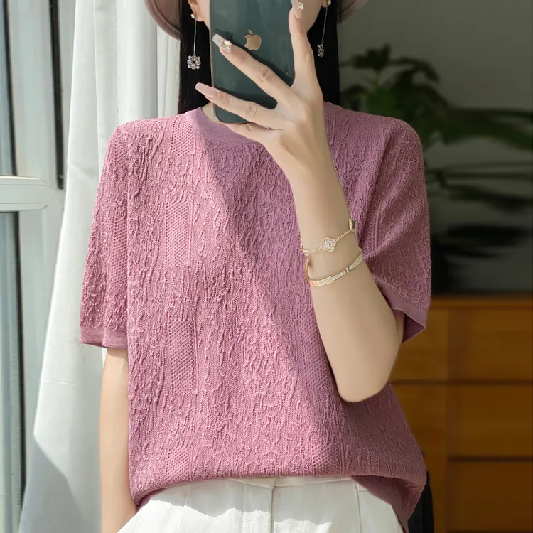 宽松百搭短袖t恤女夏季2025新款爆款提花冰丝针织衫显瘦洋气上衣