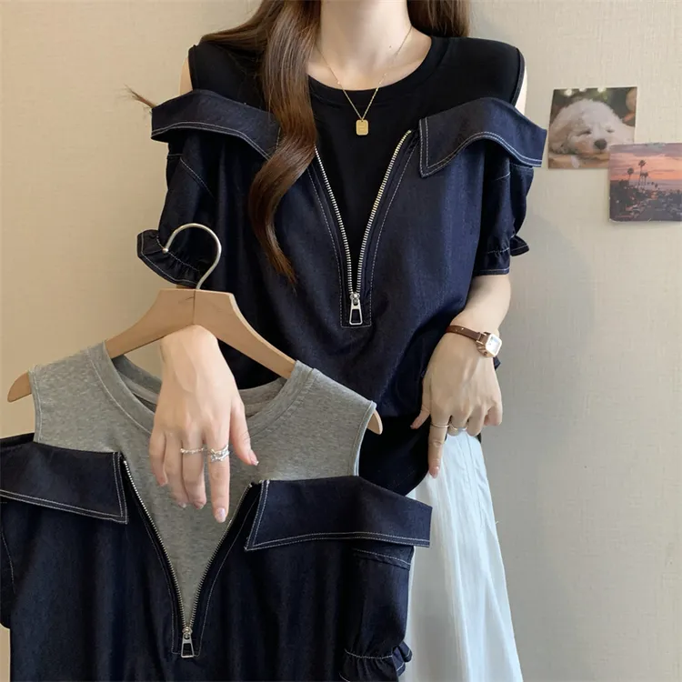 实拍~大码胖MM新款设计感拼接假两件上衣露肩牛仔遮肉显瘦短袖
