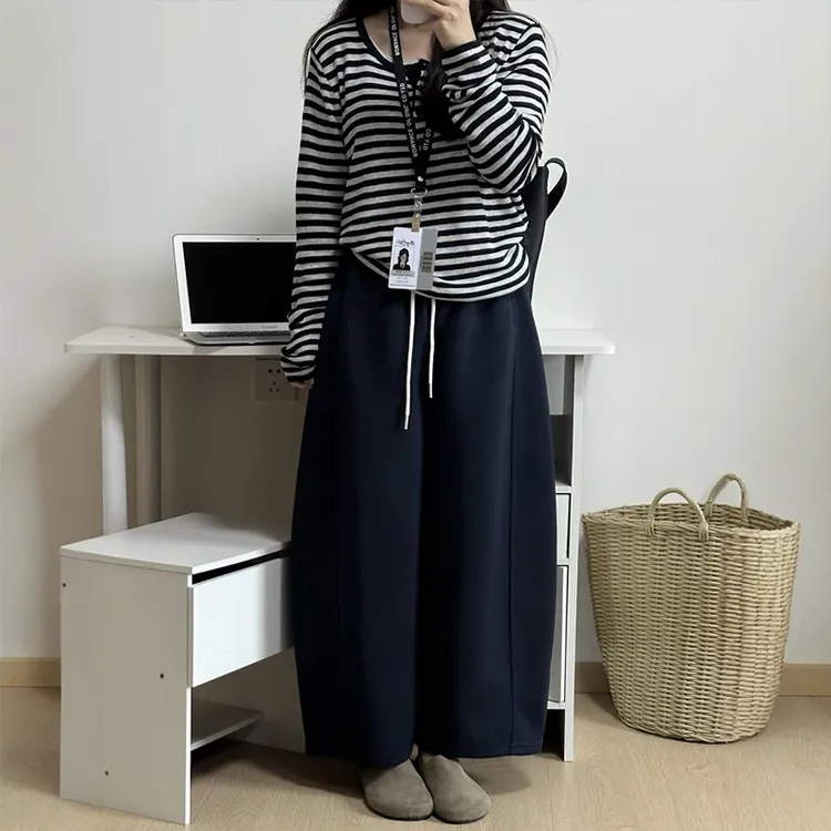 藏青色弯刀阔腿运动卫裤子女大码胖mm显瘦秋季流行风格慵懒休闲裤