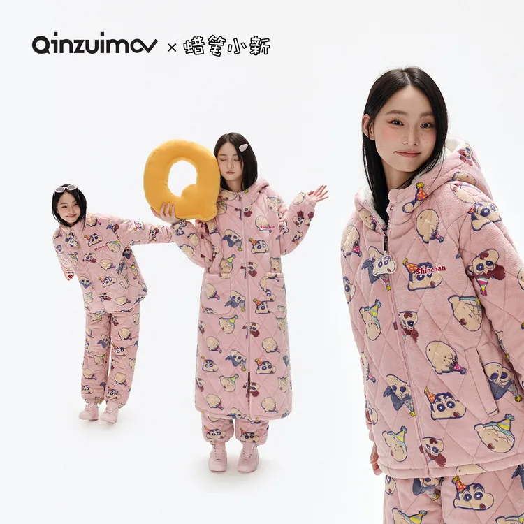 【抗寒三层夹棉】亲嘴猫蜡笔小新加厚法兰绒睡衣家居服套装女冬外穿