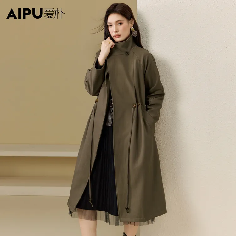 爱朴大码女装25年秋新款英伦风胖mm显瘦中长系带大翻领风衣23329