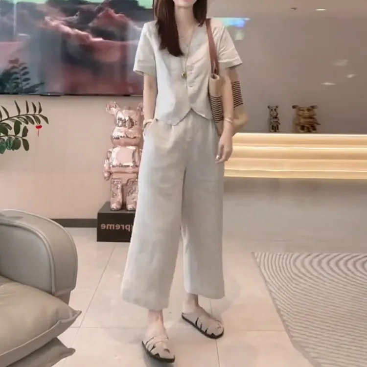 夏季新款气质两件套女法式V领单排扣短袖衬衫遮肉显瘦直筒九分裤