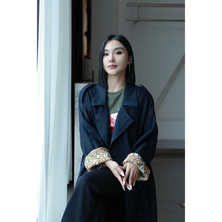 【妙妙精选】HUANGNAJI藏青时尚气质设计感秋季中长款风衣5070