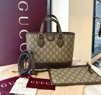 99新 GUCCI/古驰 Gucci Ophidia 老花乌木色 小号托特包 /6554