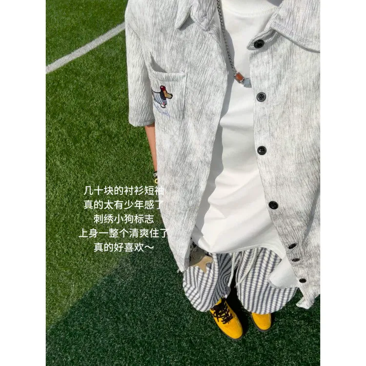 白色扎染小狗刺绣短袖衬衫男夏季薄款美式速干冰丝t恤高级感衬衣