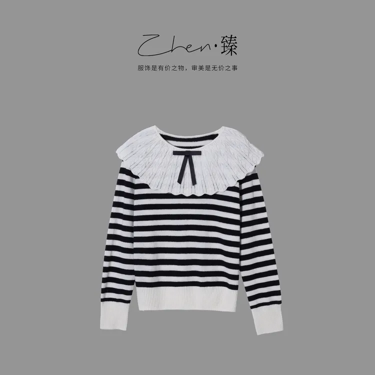 ZHEN.臻 娃娃领黑白条纹全羊毛长袖精致休闲针织衫上衣SY9451Z