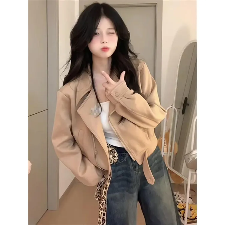 春秋季美拉德穿搭棕色外套女美式复古宽松百搭短款机车夹克上衣潮