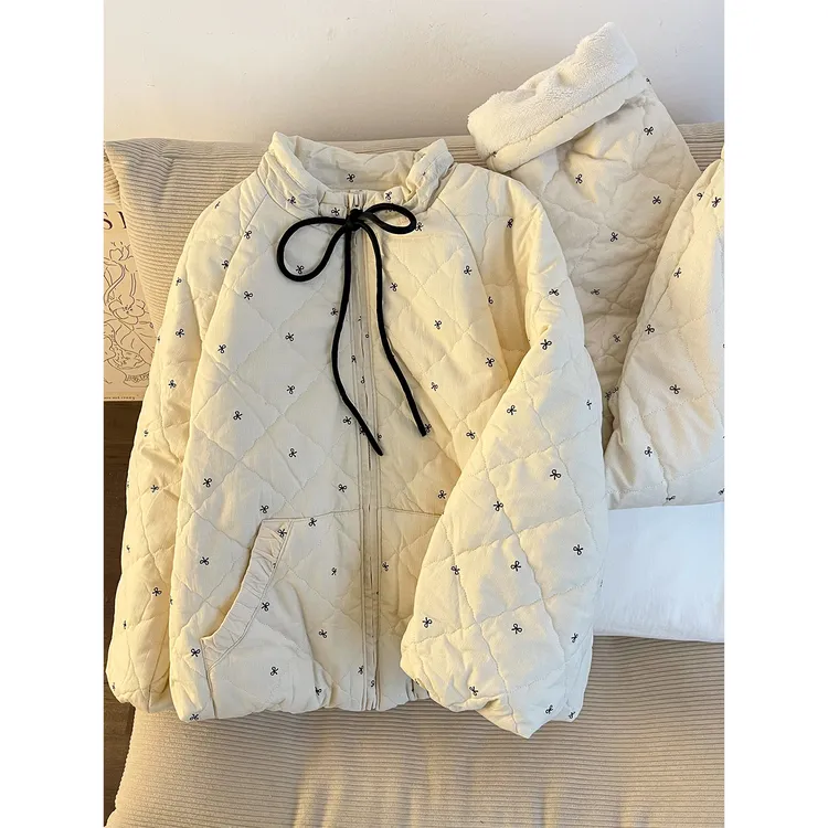 韩系蝴蝶结印花夹棉睡衣女2025冬季新款宽松大码可出门家居服套装