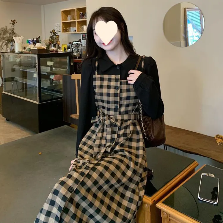 2025秋冬新款胖MM复古格子假两件时尚百搭减龄连衣裙小个子长袖裙
