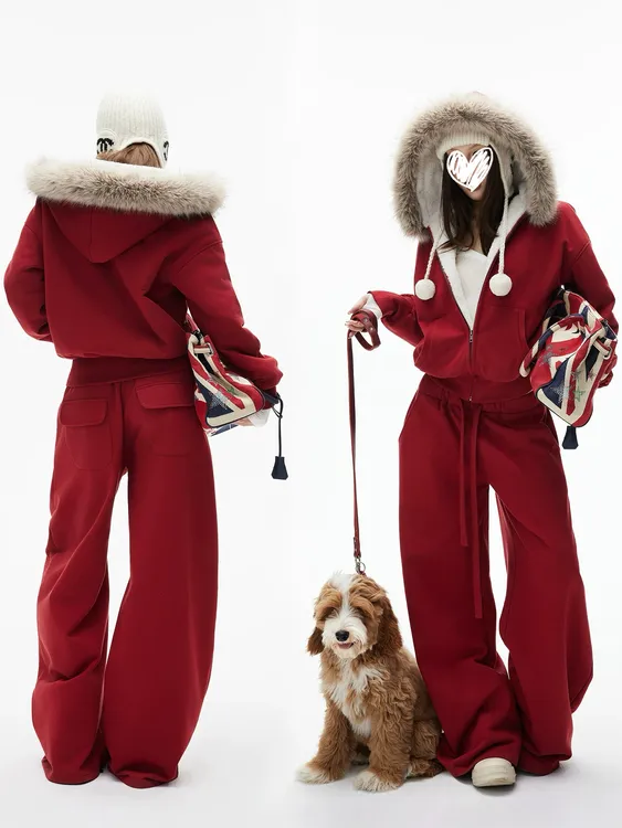 2025新款红色连帽加绒卫衣外套女秋冬季加厚休闲运动裤两件套装
