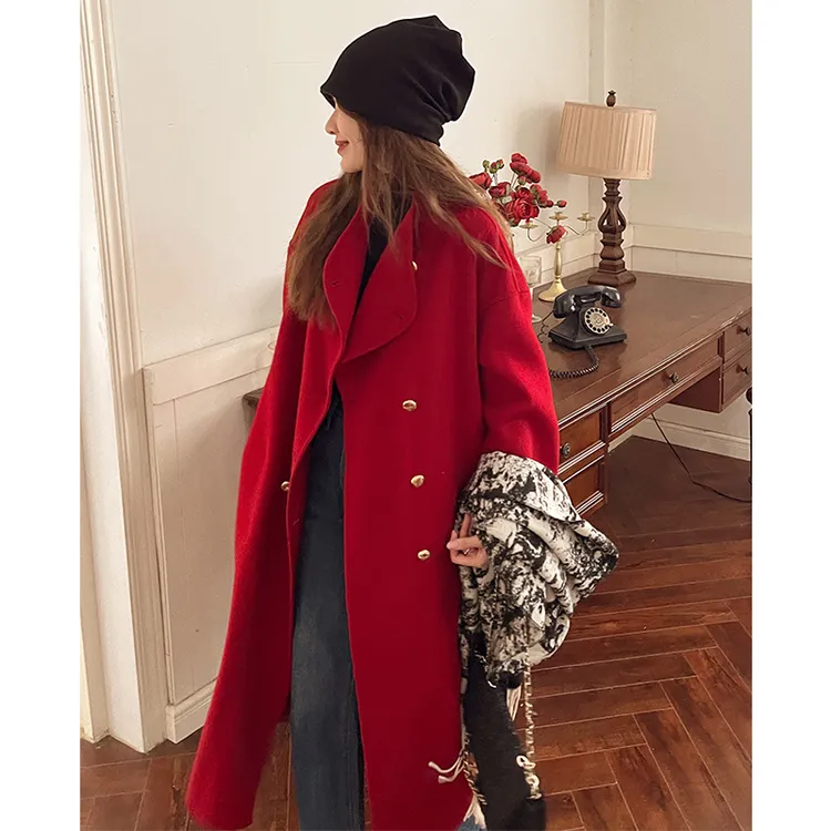 红色新娘结婚秋冬季新款高级感双面呢大衣千金风中长款毛呢外套女
