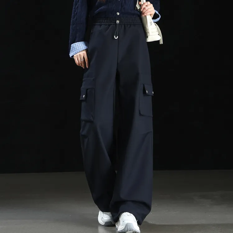 加绒阔腿工装裤女秋冬新款高腰显瘦宽松复古美式休闲登山直筒裤子