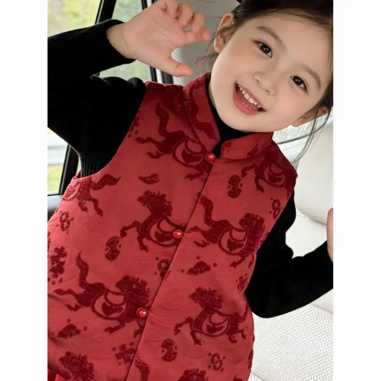 2026新款男女童新中式夹棉红色马甲冬装儿童国风喜庆拜年服上衣