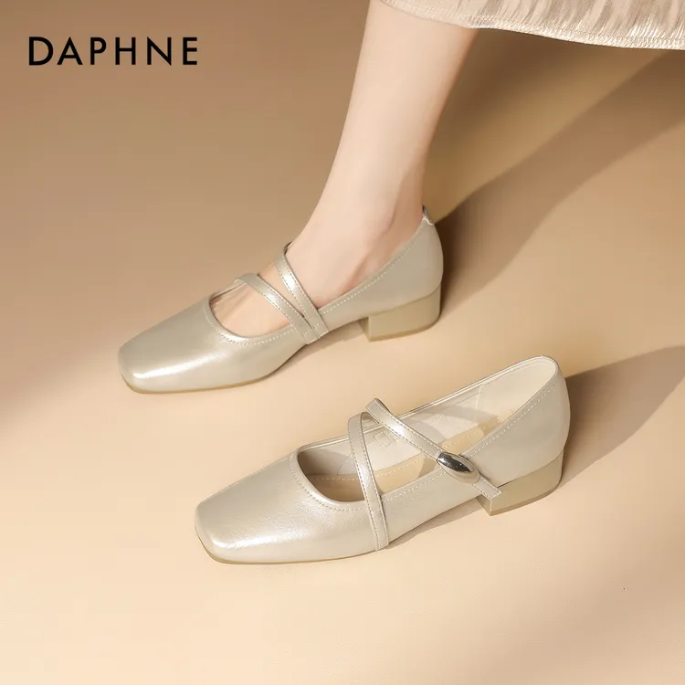 Daphne/达芙妮金色小中跟鞋女一字扣玛丽珍鞋粗跟浅口单鞋宴会鞋