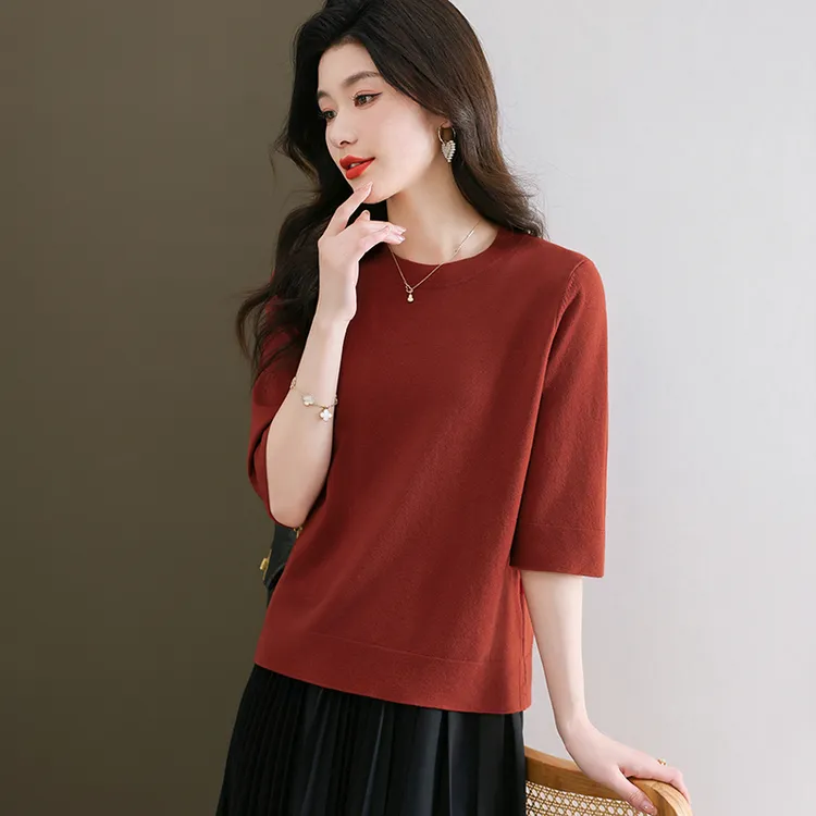 鄂尔多斯市产羊毛低圆领七分袖针织打底衫女春秋新款中袖纯色上衣