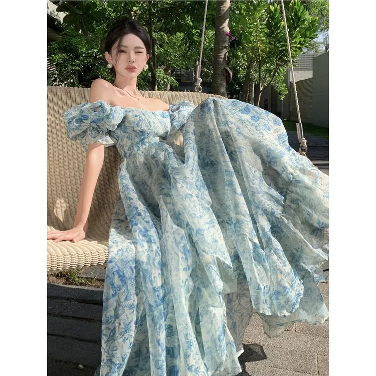 DouKox轻奢沙滩裙新款海边度假波西米亚长裙连衣裙欧根纱拍照旅游