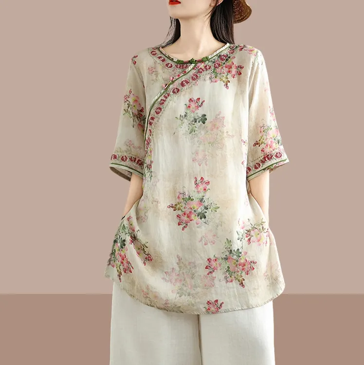 夏季时尚新款复古洋气新中式国风刺绣印花玉石扣斜襟中长款上衣