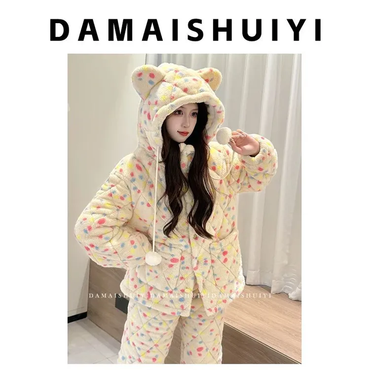 三层夹棉2025冬季长毛绒睡衣女珊瑚绒加绒加厚保暖柔软家居服外穿