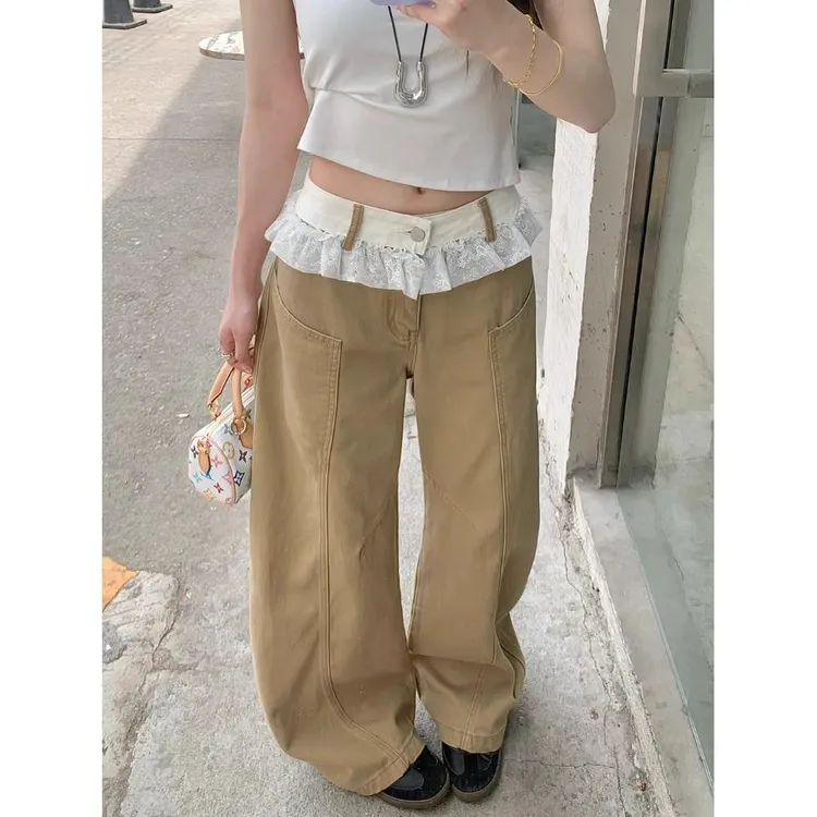 【网红炸街】2025速干伞兵工装裤女男夏季蕾丝拼接宽松休闲弯刀裤