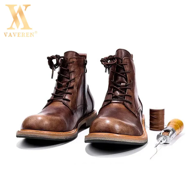 VAVEREN复古马丁靴男款高帮短靴英伦风大头靴子厚底中帮工装靴潮