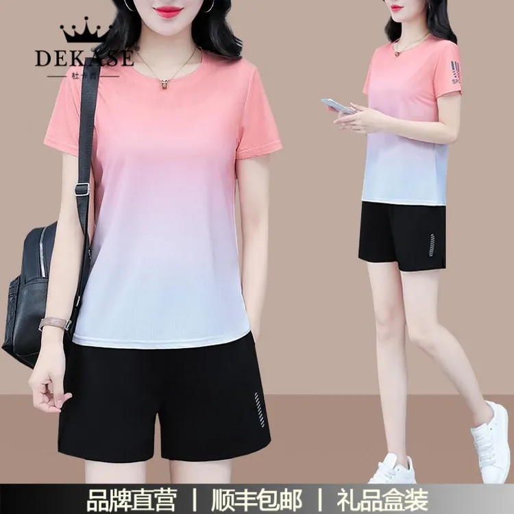 杜卡西速干冰丝运动套装女夏季短袖短裤薄款宽松洋气两件套