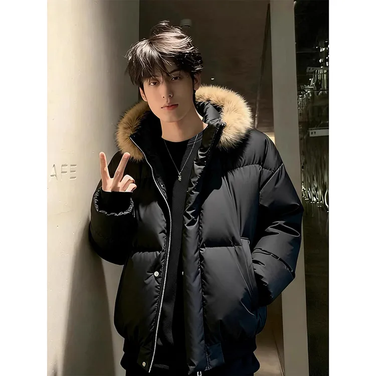 美式黑色pu皮棉服男款冬季保暖连帽派克服棉衣短款可拆卸毛领外套