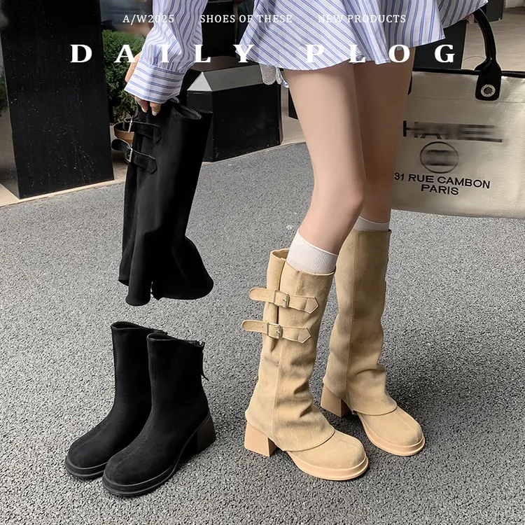 胖mm大筒围长筒靴女新款粗腿两穿库管靴高筒骑士靴大码靴子2850-1